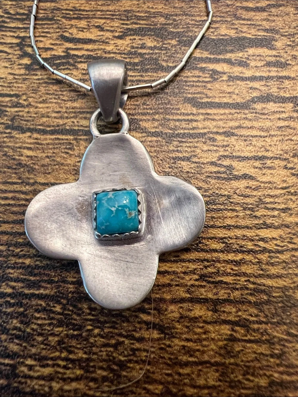 Zuni Sterling Silver Floral Pendant Necklace with Turquoise Stone on 18” chain